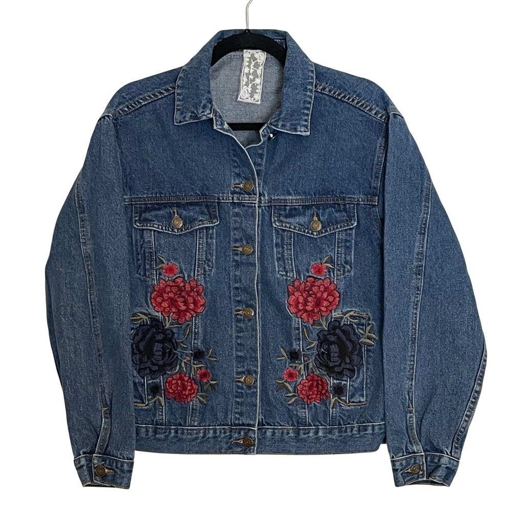 Sadie & Sage‎ Embroidered Denim Jacket Blue Floral Classic Fit Women's M/L